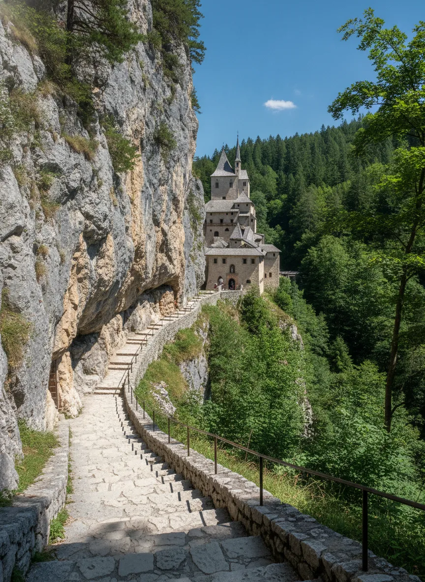 Winding path leading to Santuario di San Romedio, surrounded by lush green trees and rock faces.