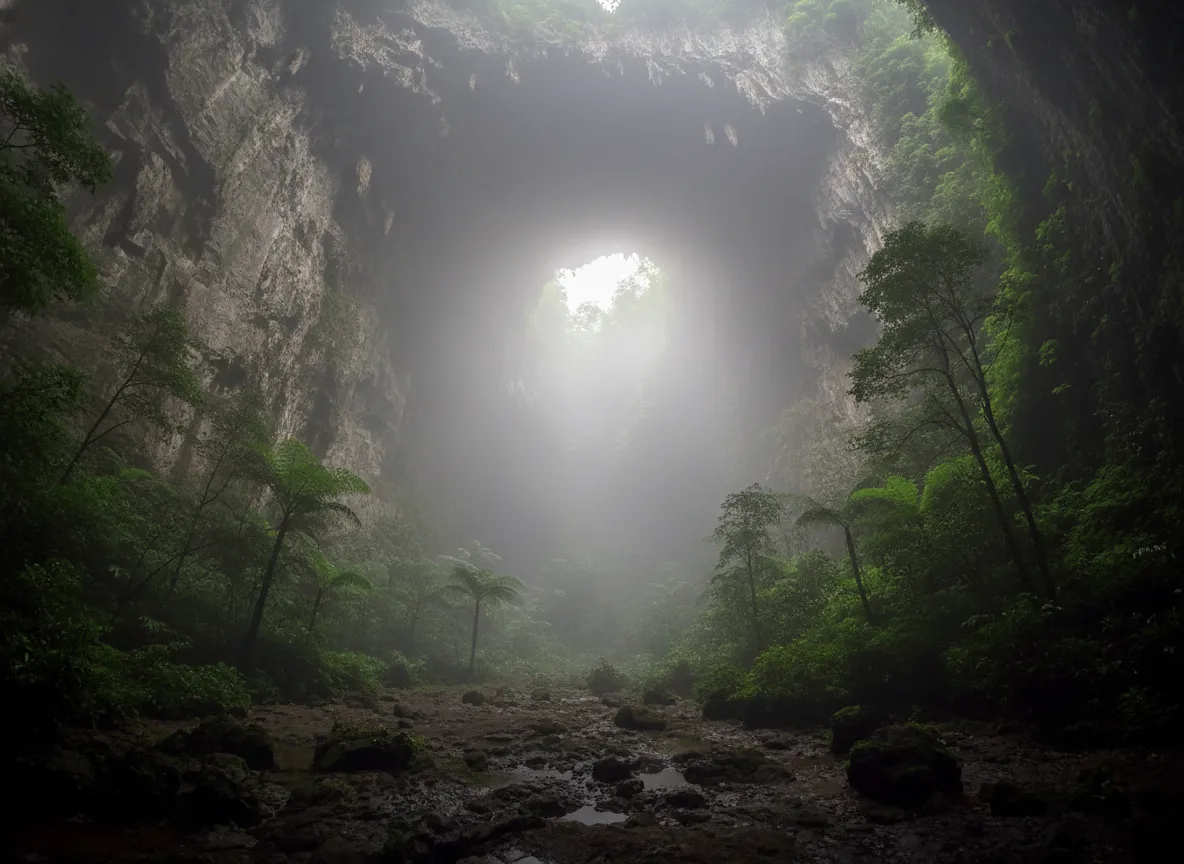 Inside a massive cave chamber in Gunung Mulu National Park, showing towering rock formations and a small group of explorers with headlamps, highlighting the immense scale.