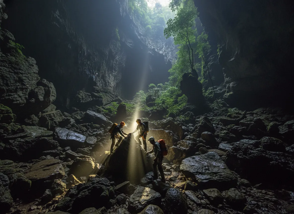 A group of adventurers trekking through a muddy jungle trail in Gunung Mulu National Park, equipped with backpacks and appropriate gear.