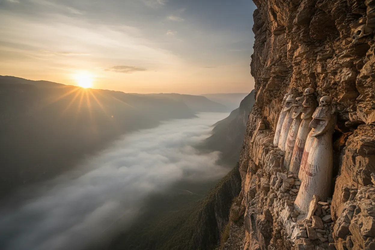 Imagine ancient, human-shaped coffins, some over two meters tall, standing sentinel on an impossible-to-reach cliff face for centuries.