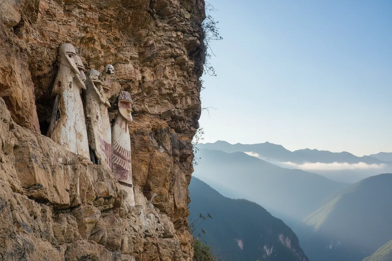 Close-up of the ancient Sarcophagi of Karajía, showing their unique human-like features and the incredible cliffside location in Peru.