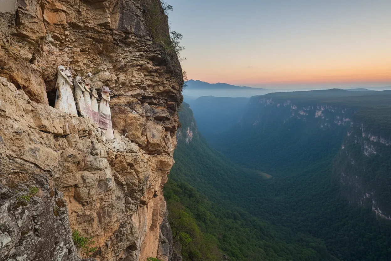 Panoramic view of the Sarcophagi of Karajía on a high cliff face, overlooking a lush green valley in the Peruvian Andes.
