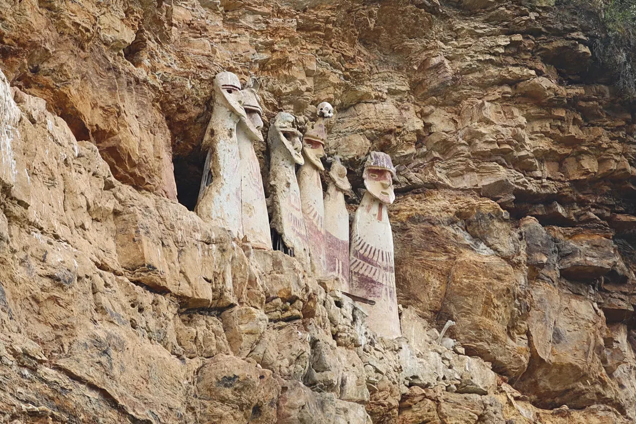Traveler admiring the view of the Sarcophagi of Karajía from the designated viewpoint, surrounded by lush Peruvian mountain scenery.