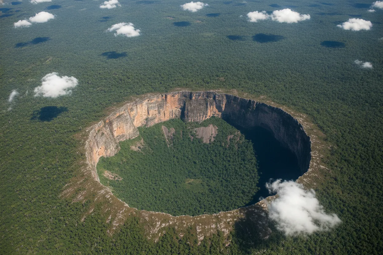 Aerial view of a perfectly circular Sarisariñama sinkhole with sheer walls and lush forest at the bottom.
