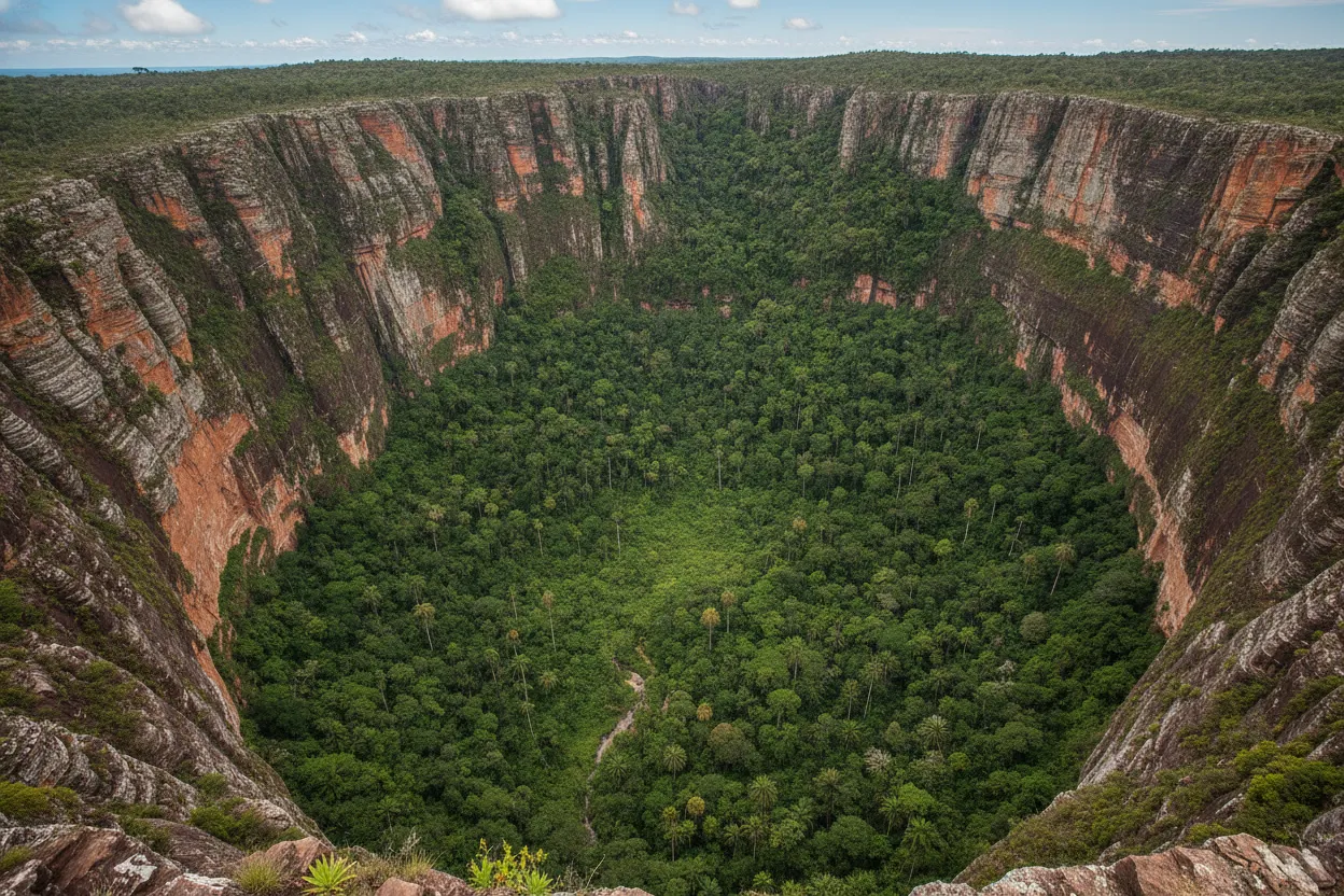 Expedition team preparing to rappel into a Sarisariñama sinkhole, showcasing the scale and equipment needed.