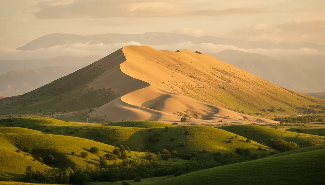 In the verdant, mountainous landscape of Russia's Dagestan region, a colossal, isolated sand dune inexplicably rises, whispering and 'singing' its ancient secrets.