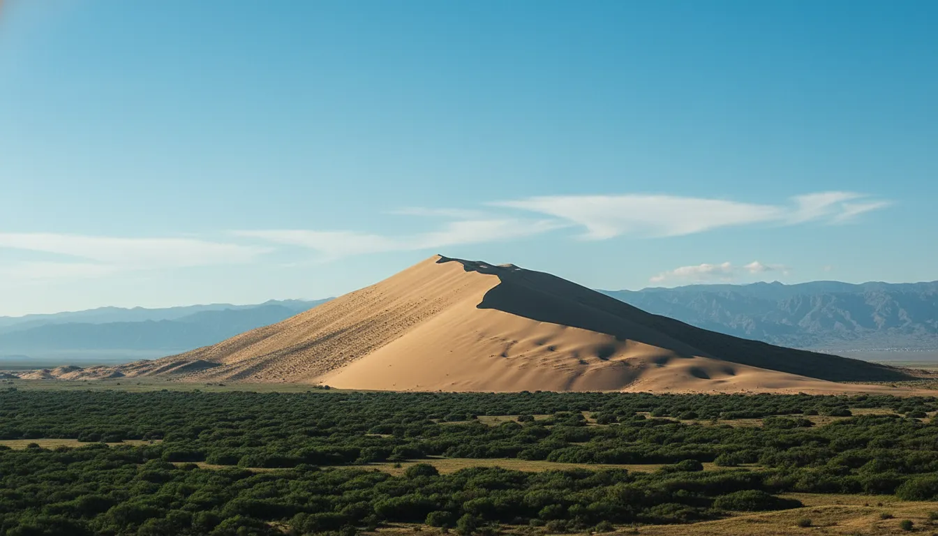 Panoramic view of Sarykum Dune stretching across a green landscape in Dagestan, with distant mountains.