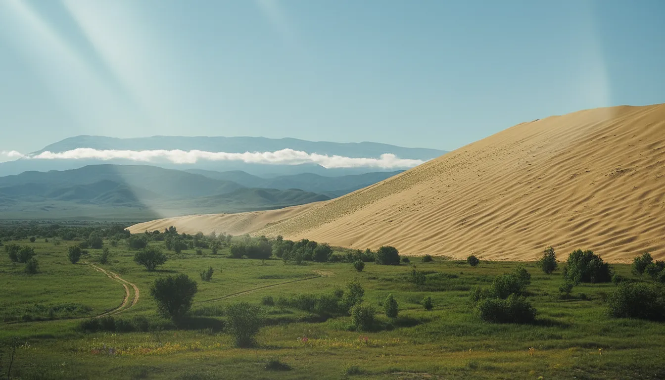 A person standing on the peak of Sarykum Dune, looking out at the vast sandy landscape and distant green mountains under a clear sky.