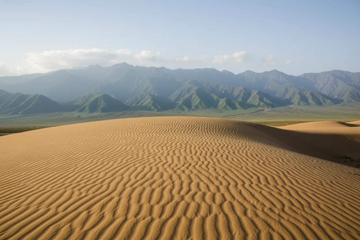 Close-up of wind patterns on the sand ripples of Sarykum Dune, creating intricate textures and shadows.