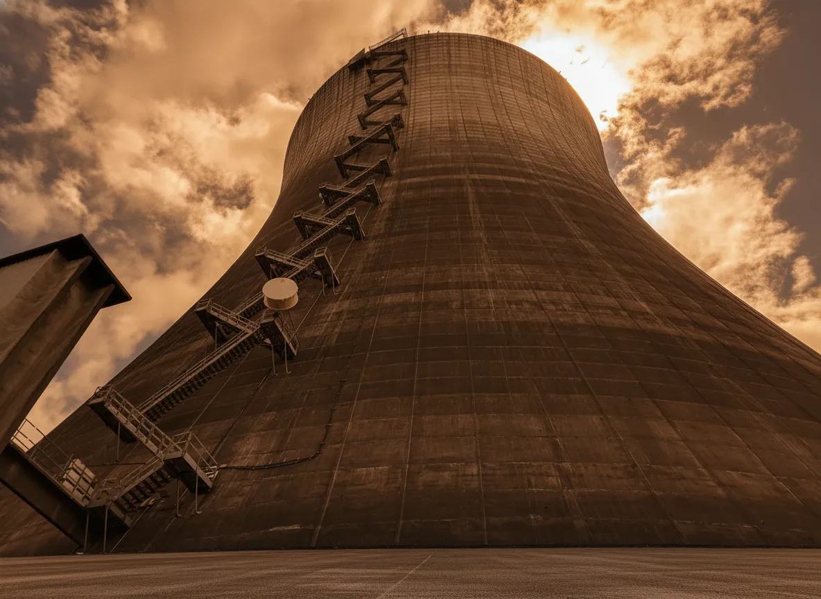 A person stands at the base of one of the Satsop cooling towers, looking up at its immense curved concrete wall, emphasizing the scale.
