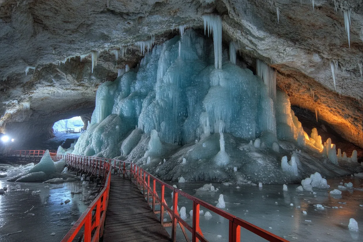 Entrance to the Scărișoara Ice Cave, showing the steep wooden stairs descending into the dark maw of the cave.