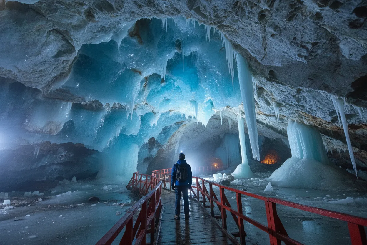 Inside the Scărișoara Ice Cave, showing massive ice stalagmites and frozen formations, with pathways for visitors.