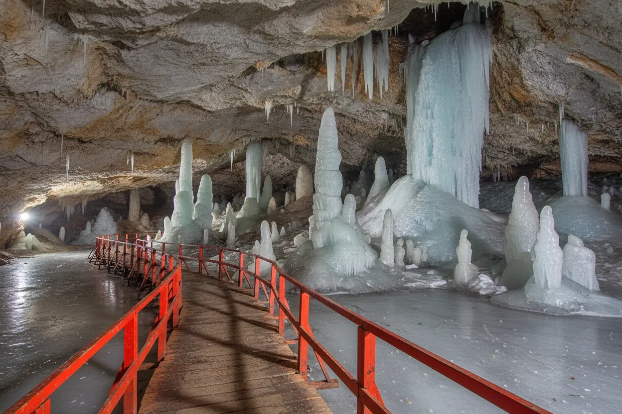 Close-up of intricate ice formations and frozen waterfalls within the Scărișoara Ice Cave, showcasing the delicate beauty.