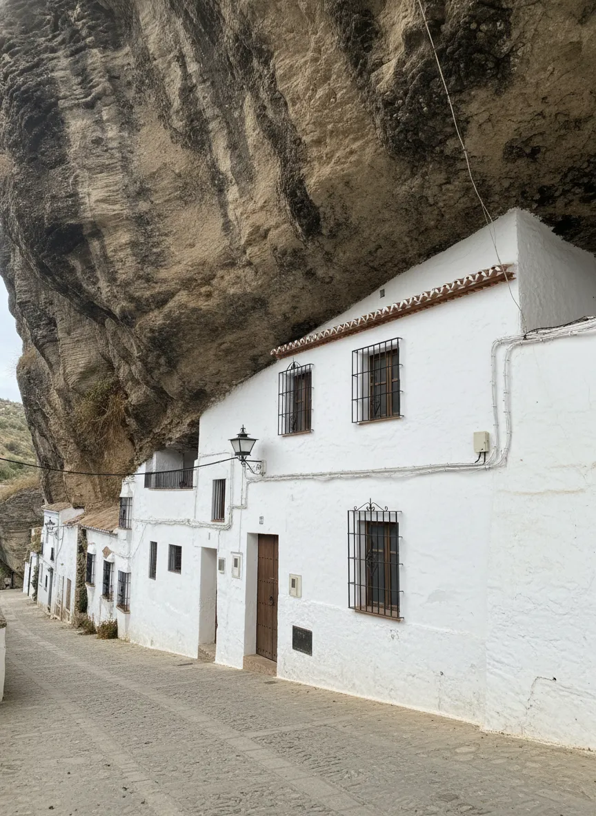A street in Setenil de las Bodegas where houses are built directly into a massive rock overhang, creating a natural ceiling above the street.