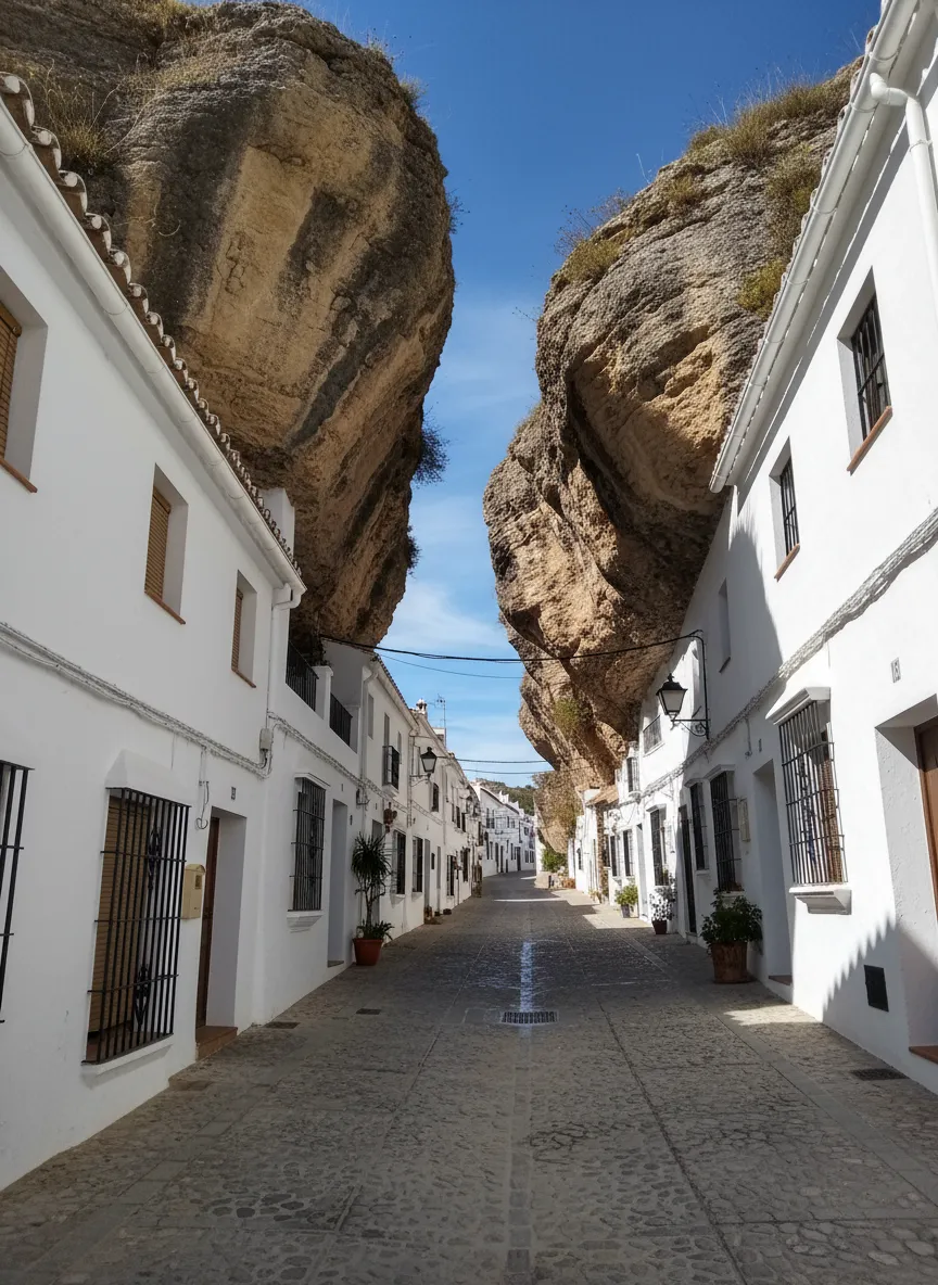Calle Cuevas del Sol in Setenil de las Bodegas, showing cafes and houses built under a large rock overhang, bathed in sunlight.