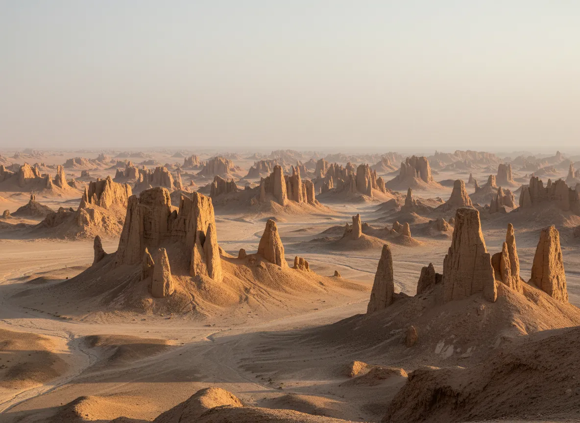 A 4x4 vehicle driving through the vast expanse of the Shahdad Kaluts, emphasizing the scale of the desert formations.