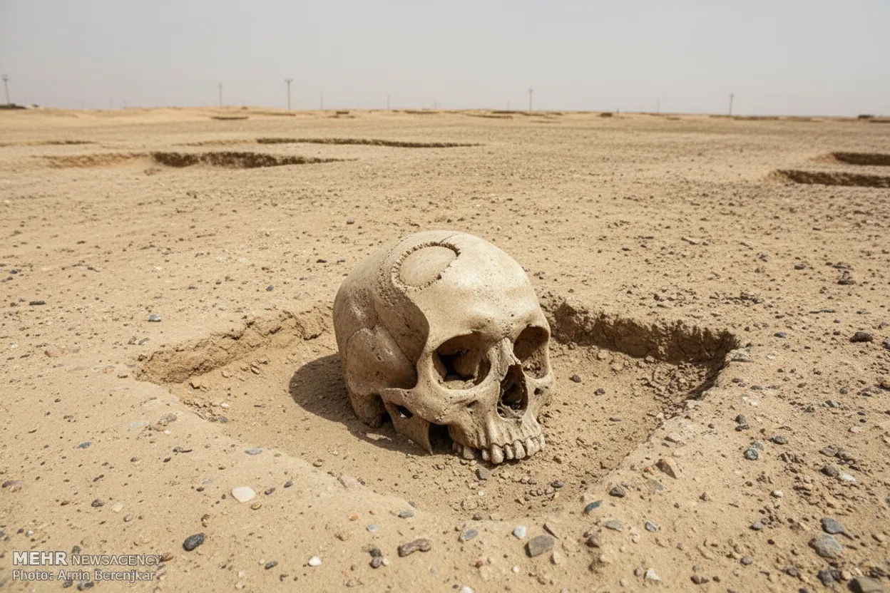Archaeological site of Shahr-e Sukhteh, vast desert landscape with excavated ancient structures.