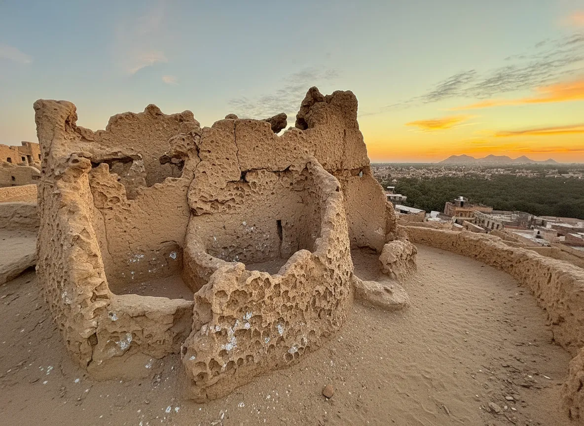 View from the top of Shali Fortress looking out over the verdant Siwa Oasis with palm trees and salt lakes under a clear sky.