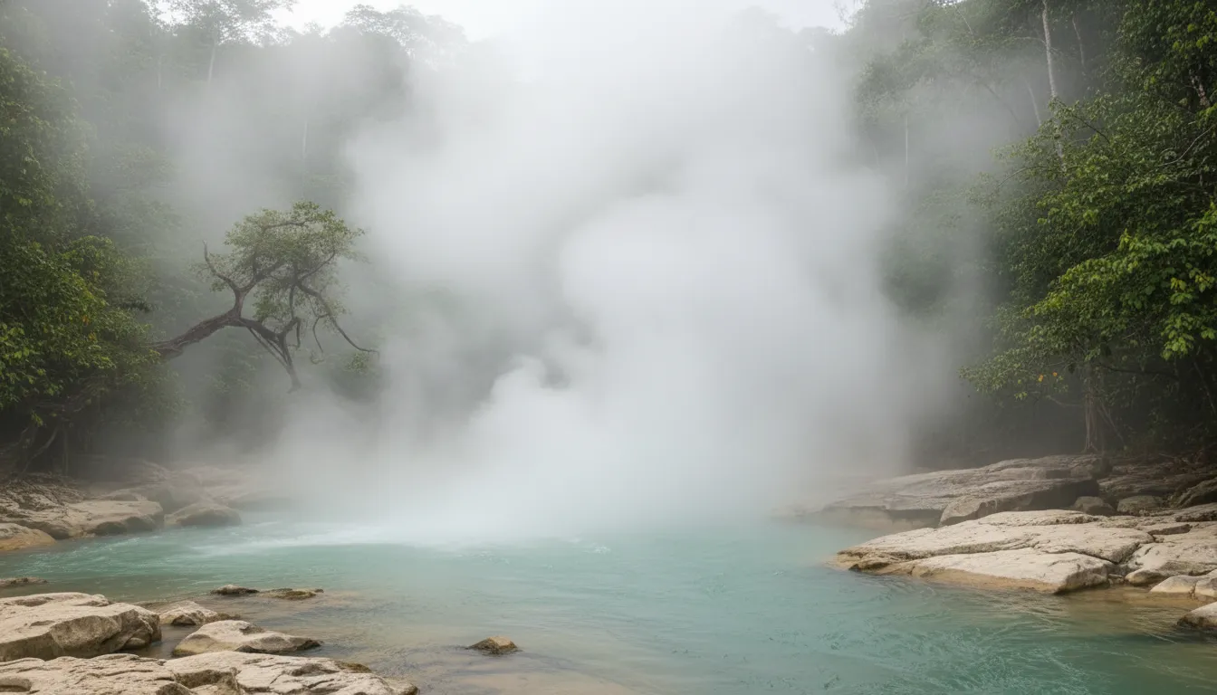 Steaming Shanay-Timpishka river flowing through lush Peruvian Amazon jungle at sunrise.