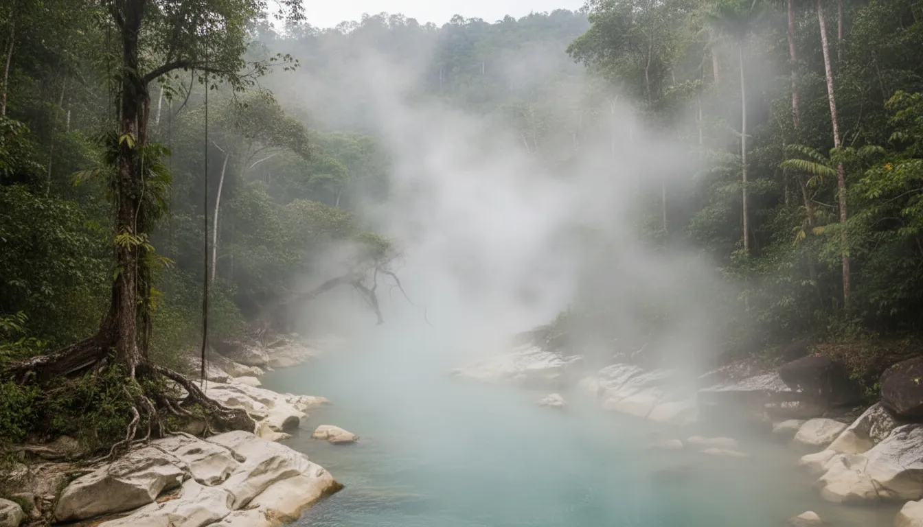 Dense Amazonian jungle surrounding the steaming banks of Shanay-Timpishka, with diverse plant life.