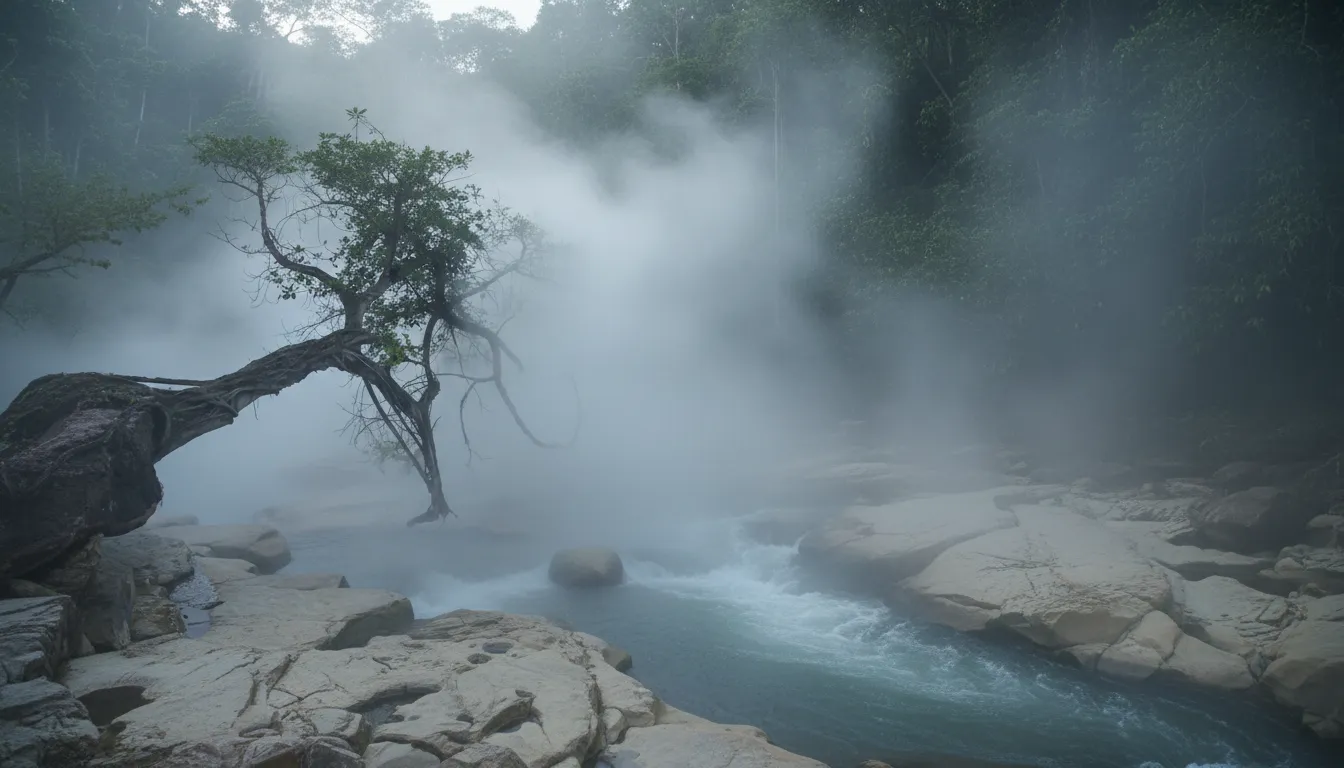 Local Asháninka guide pointing to the steaming Shanay-Timpishka river, explaining its significance.
