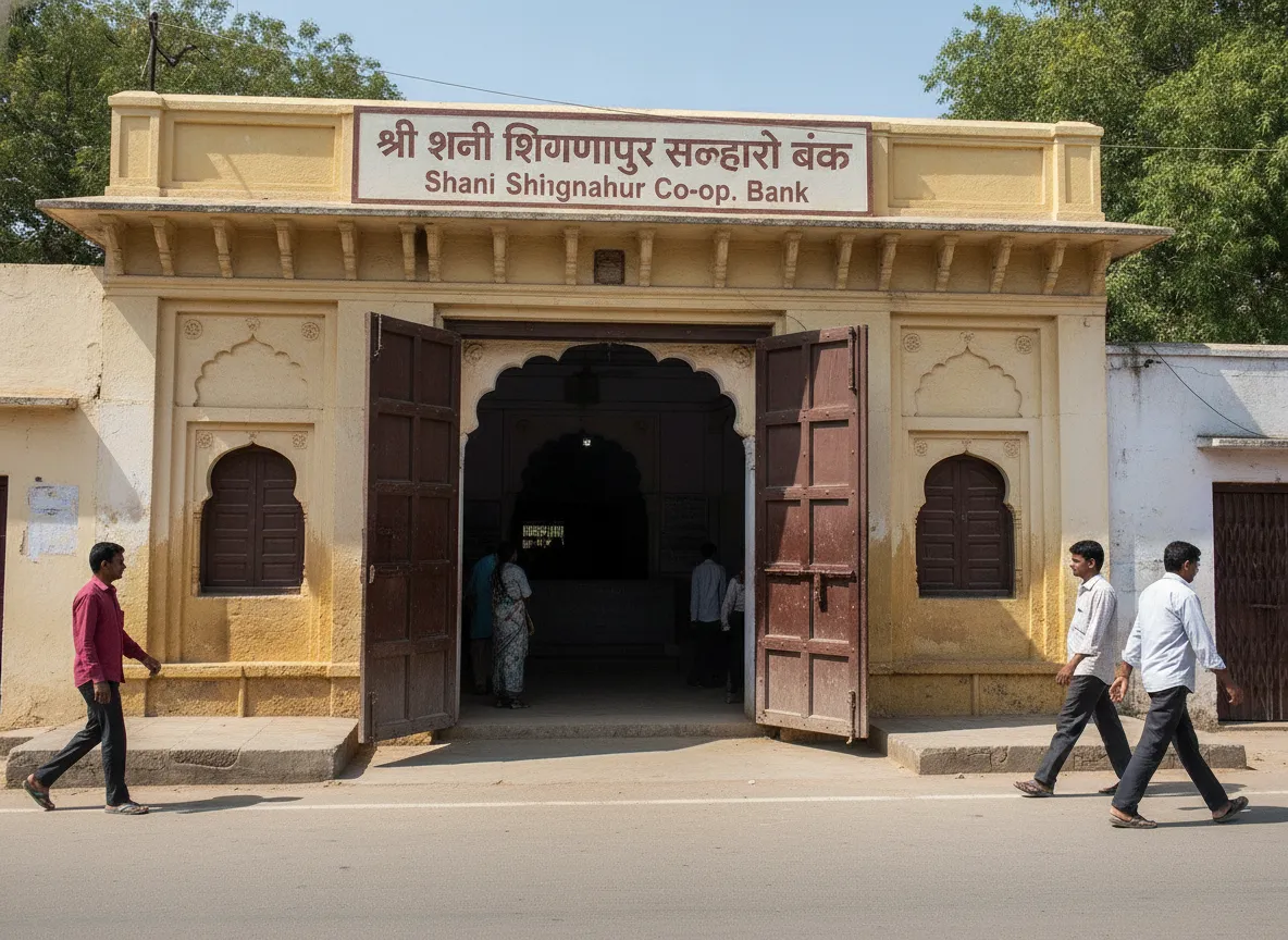 A street view of Shani Shingnapur showcasing houses built without traditional doors or doorframes.