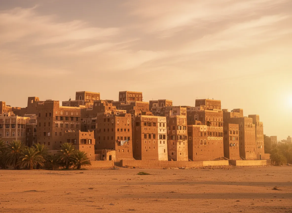 A city of towering mud-brick skyscrapers, dubbed the 'Manhattan of the Desert,' rises abruptly from the Yemeni wadi, looking like a mirage from another time.