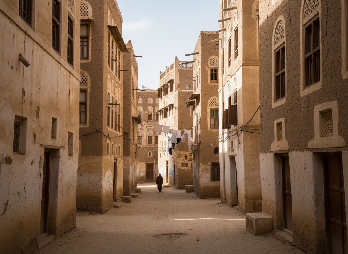 Sunset over Shibam, Yemen, casting a golden glow on the mud-brick skyscrapers and the surrounding desert landscape.