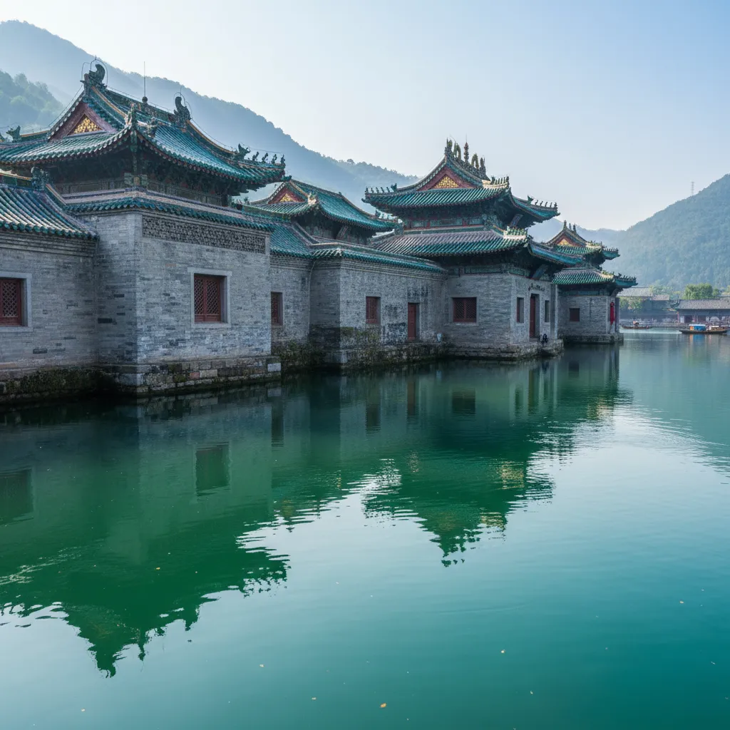Diver exploring an ancient archway in the underwater city of Shicheng, with intricate carvings visible in the dim light.