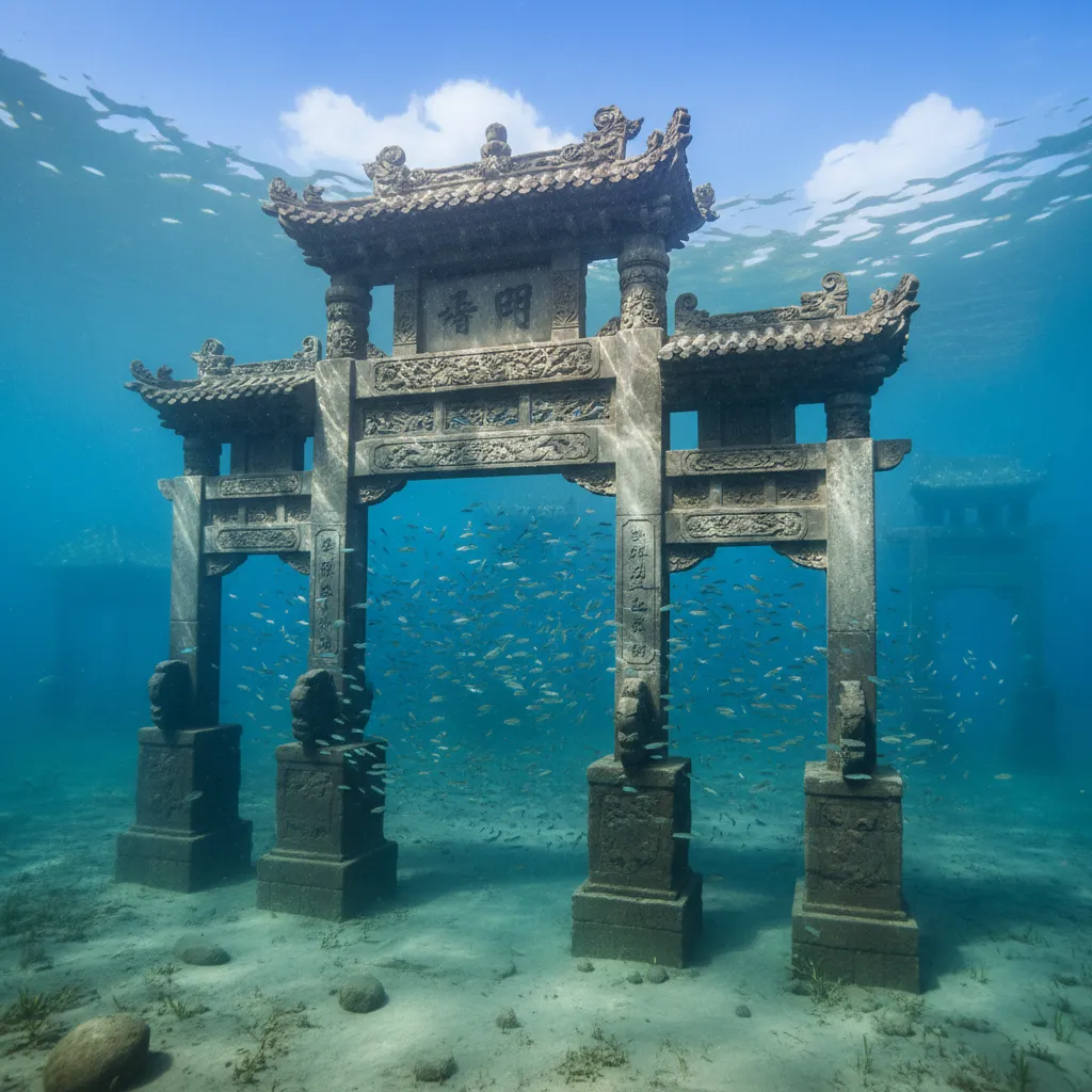 Close-up shot of intricate stone carvings on an underwater archway in Shicheng, showing detailed patterns and figures.
