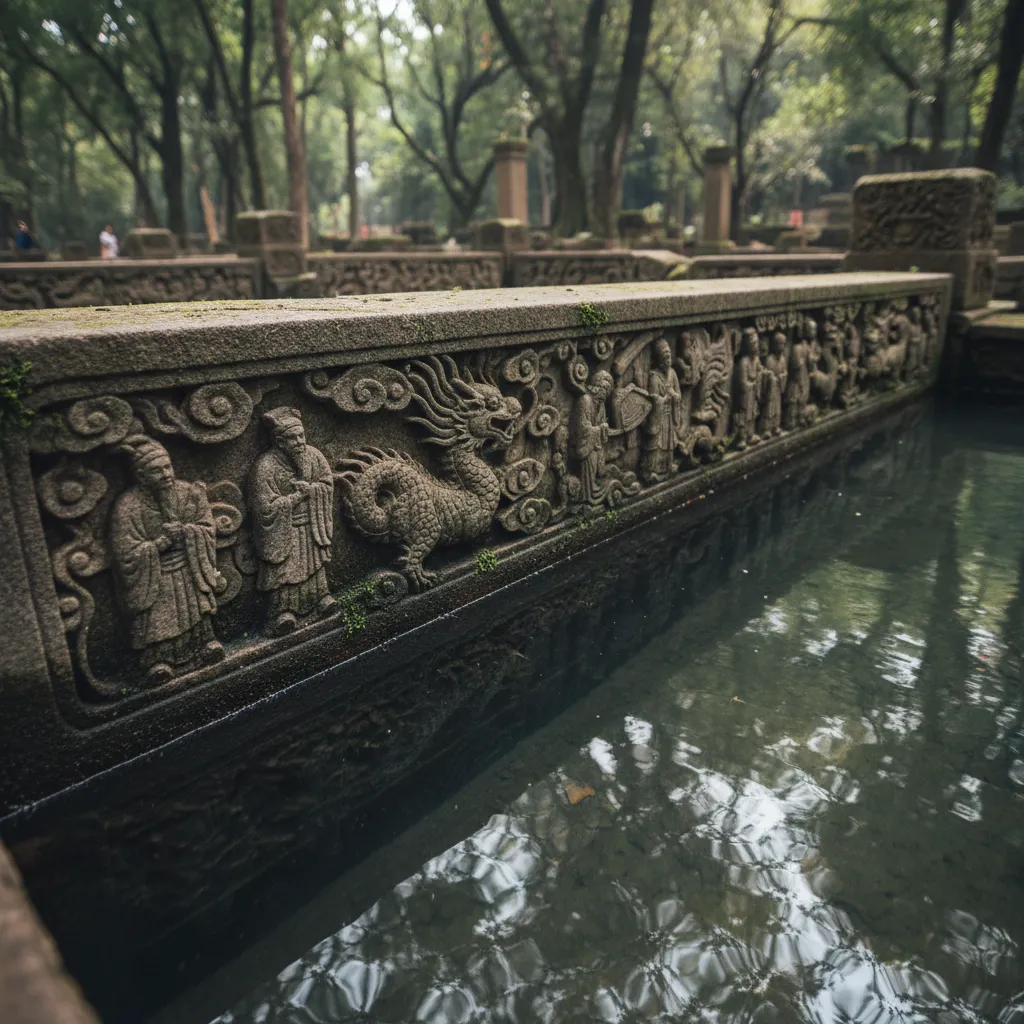 A diver illuminates a section of a submerged building in Shicheng, revealing a well-preserved wall and doorway.