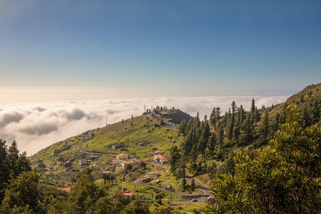 Panoramic view of the dramatic, ravine-filled volcanic landscape of La Gomera, Canary Islands, with lush greenery and distant mountains.