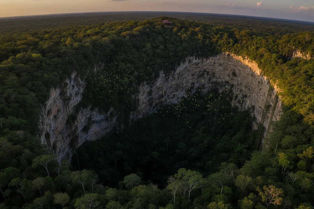 Every morning and evening, thousands of emerald-green parakeets erupt from or descend into a massive, jungle-filled sinkhole that also hides ancient rock art.