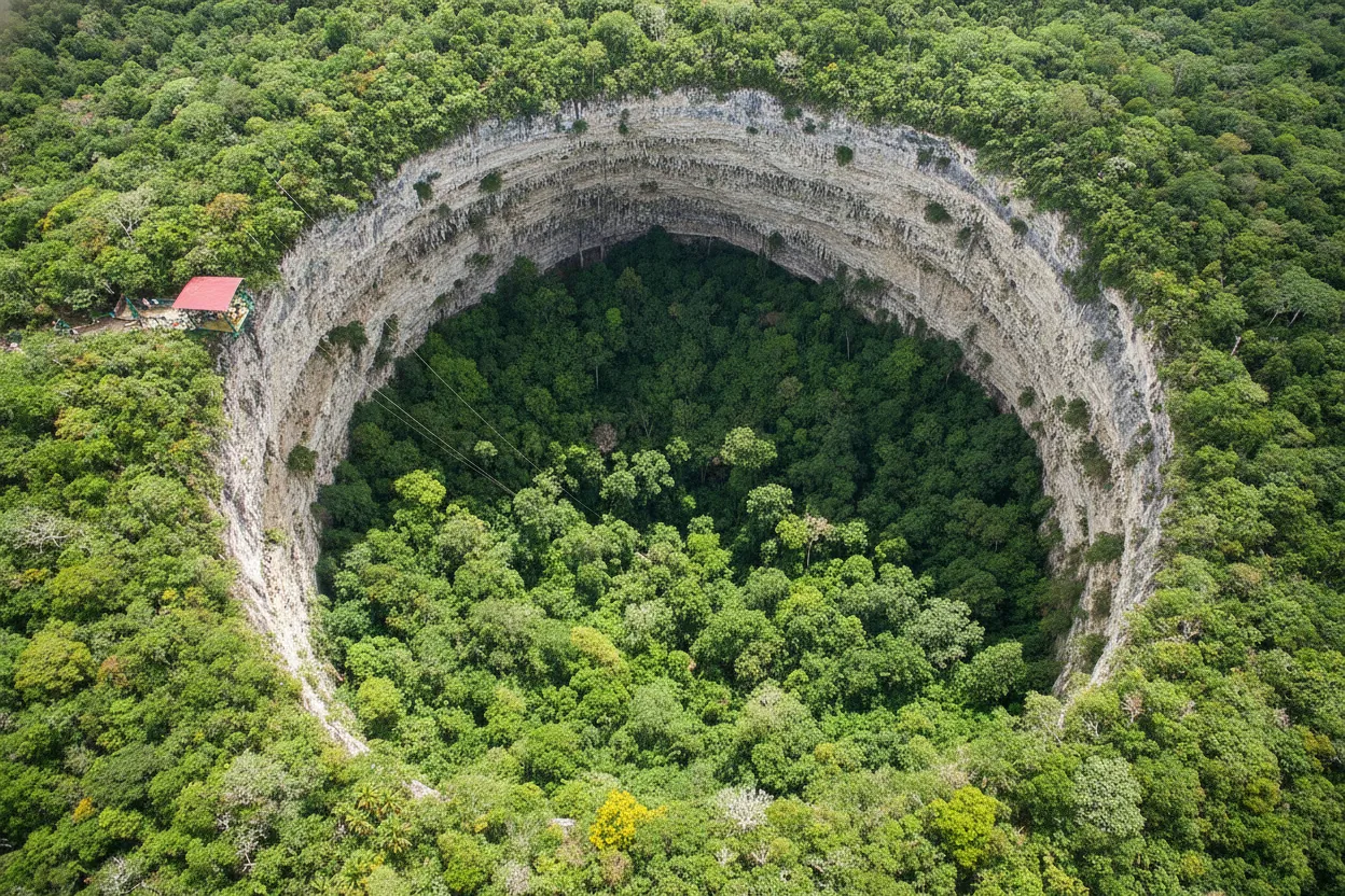 Thousands of emerald green parakeets flying in a spiral pattern out of the Sima de las Cotorras sinkhole at sunrise.