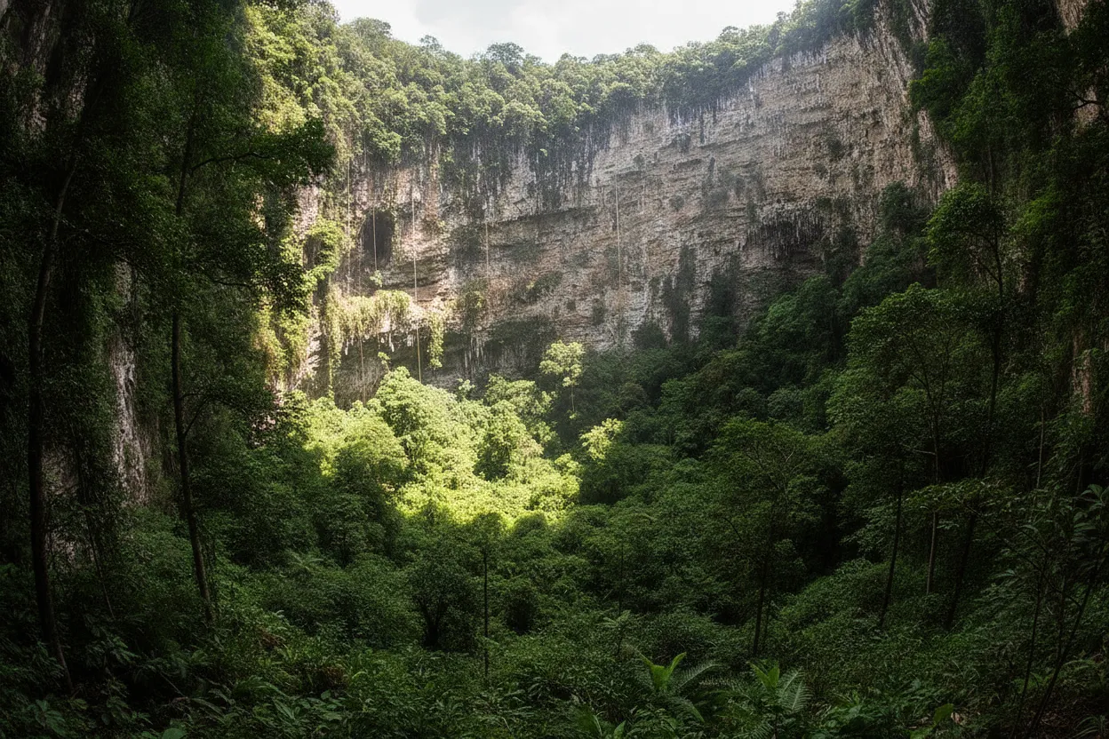 A person standing at the rim of Sima de las Cotorras, looking down into the lush green forest at the bottom of the sinkhole.