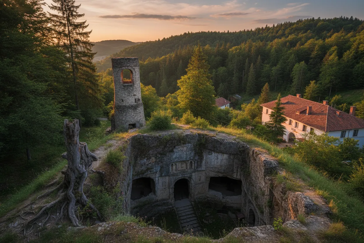 Deep within a remote Romanian hillside, an ancient underground temple carved into solid rock pulsates with mysterious energy, its origins lost to time.