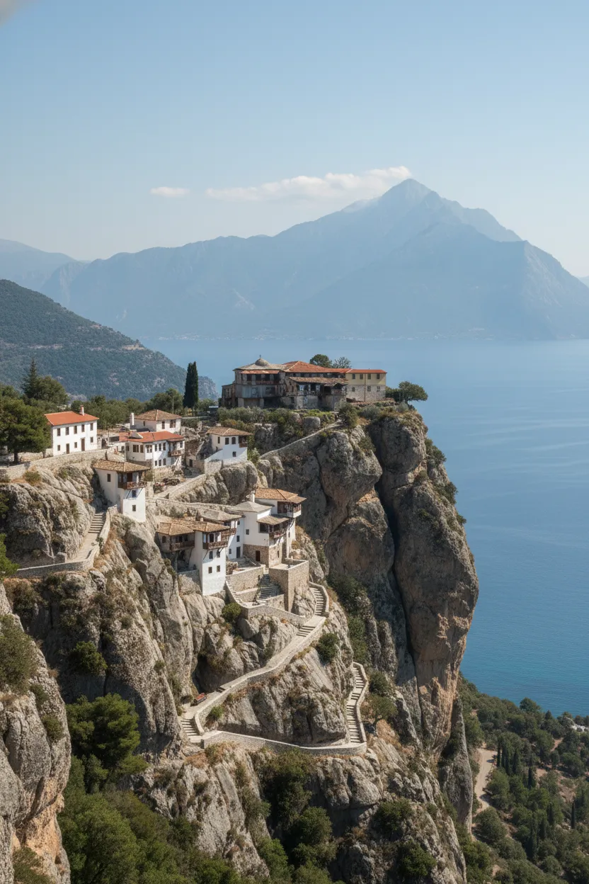 Panoramic view of Skete of Saint Anne clinging to the cliffs of Mount Athos, with the Aegean Sea below.