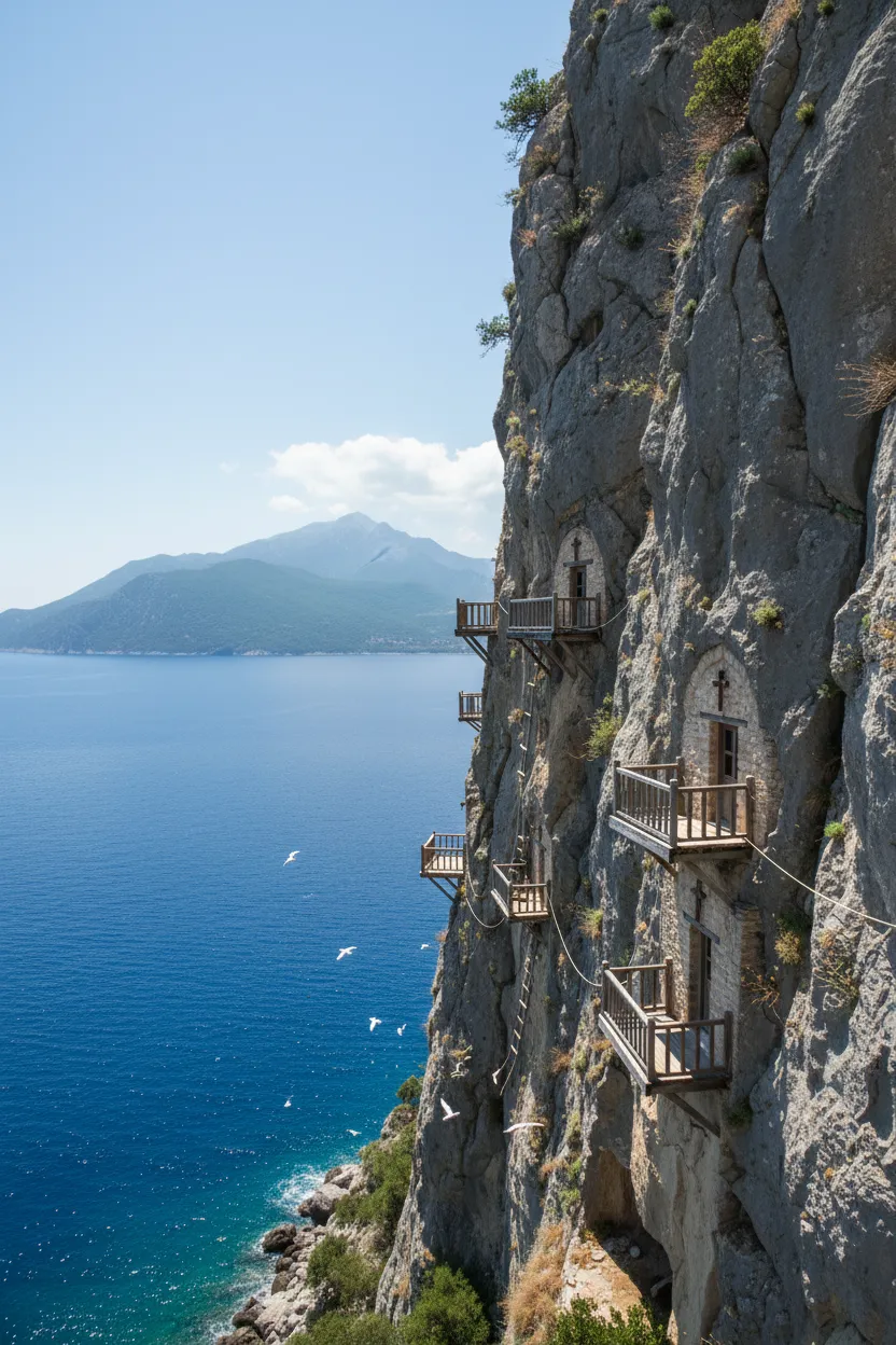 Interior view of the Kyriakon (main church) at Skete of Saint Anne, showing frescoes and icons.