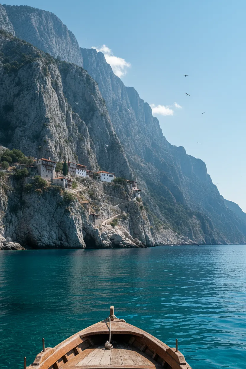 A monk standing on a balcony overlooking the Aegean Sea at Skete of Saint Anne.