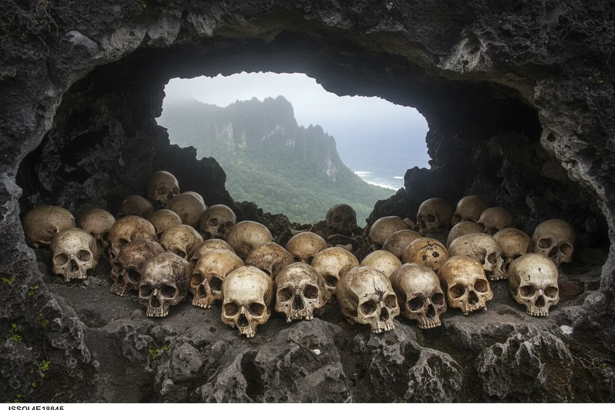 Dozens of ancient human skulls arranged in a natural rock shrine on Skull Island, Solomon Islands