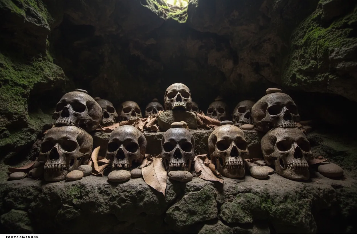 A local Roviana guide explaining the history of the ancestral skulls to visitors on Skull Island, Solomon Islands