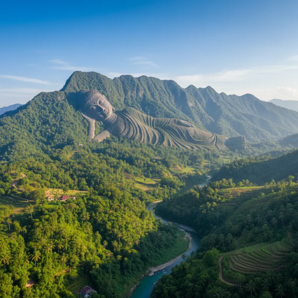 Panoramic view of Sleeping Buddha Mountain (Wòfó Shān) in Guangxi, China, showing the distinct silhouette of a reclining Buddha across the landscape.