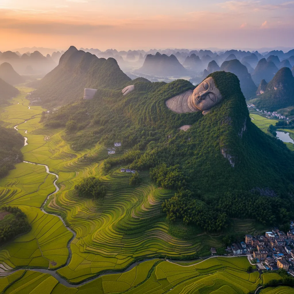 A boat gently cruising along the Hejiang River with Sleeping Buddha Mountain visible in the background, showcasing its scale and the natural beauty of Zhaoping County.