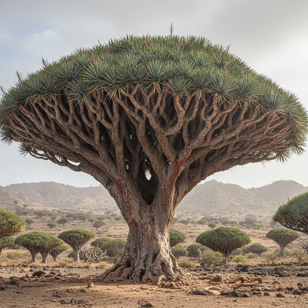 Iconic Dragon's Blood Trees with their unique umbrella-shaped canopies dotting the rocky landscape of Socotra Island at sunset.
