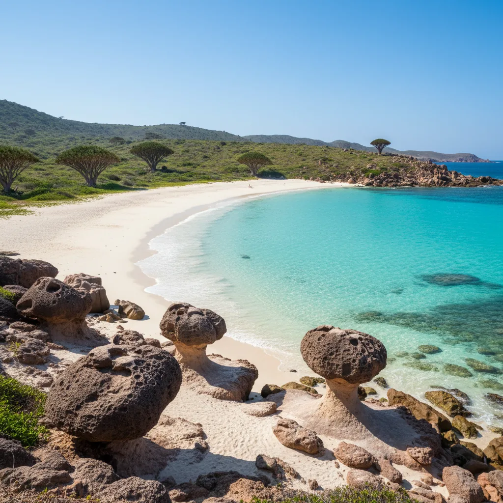 A natural freshwater pool in Homhil Protected Area on Socotra Island, overlooking the turquoise Arabian Sea, surrounded by unique rock formations and arid vegetation.