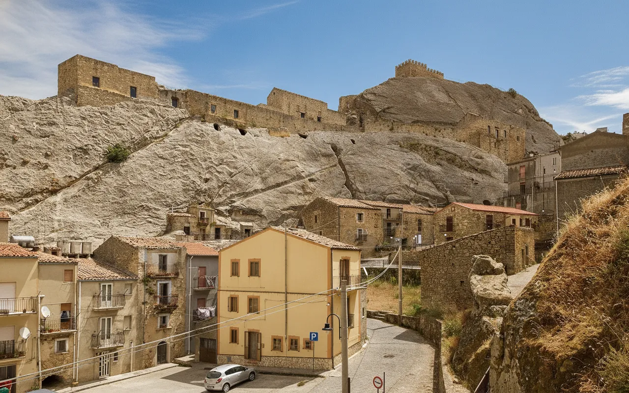 Panoramic view of Sperlinga village carved into the sandstone cliffs of Sicily with its rock-cut castle visible