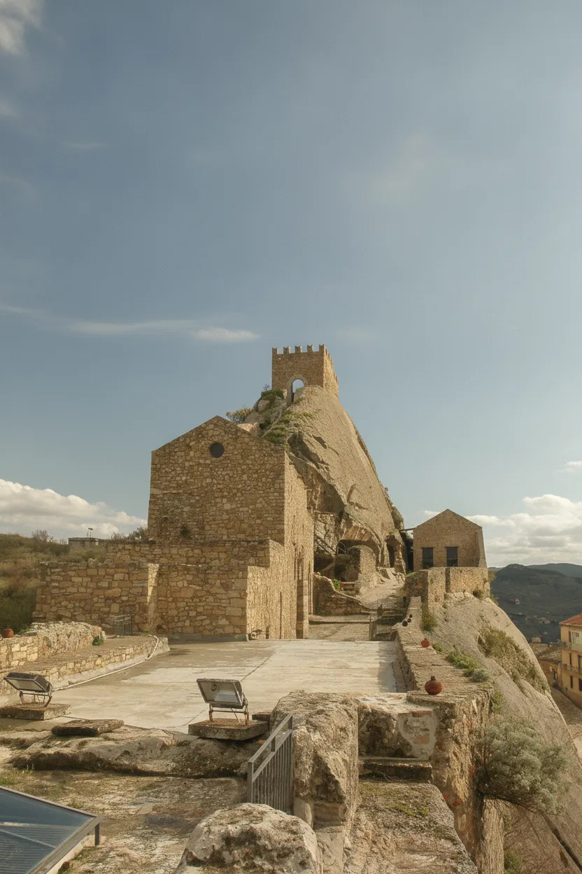 Interior view of a rock-cut dwelling in Sperlinga, showing carved walls and ancient living space