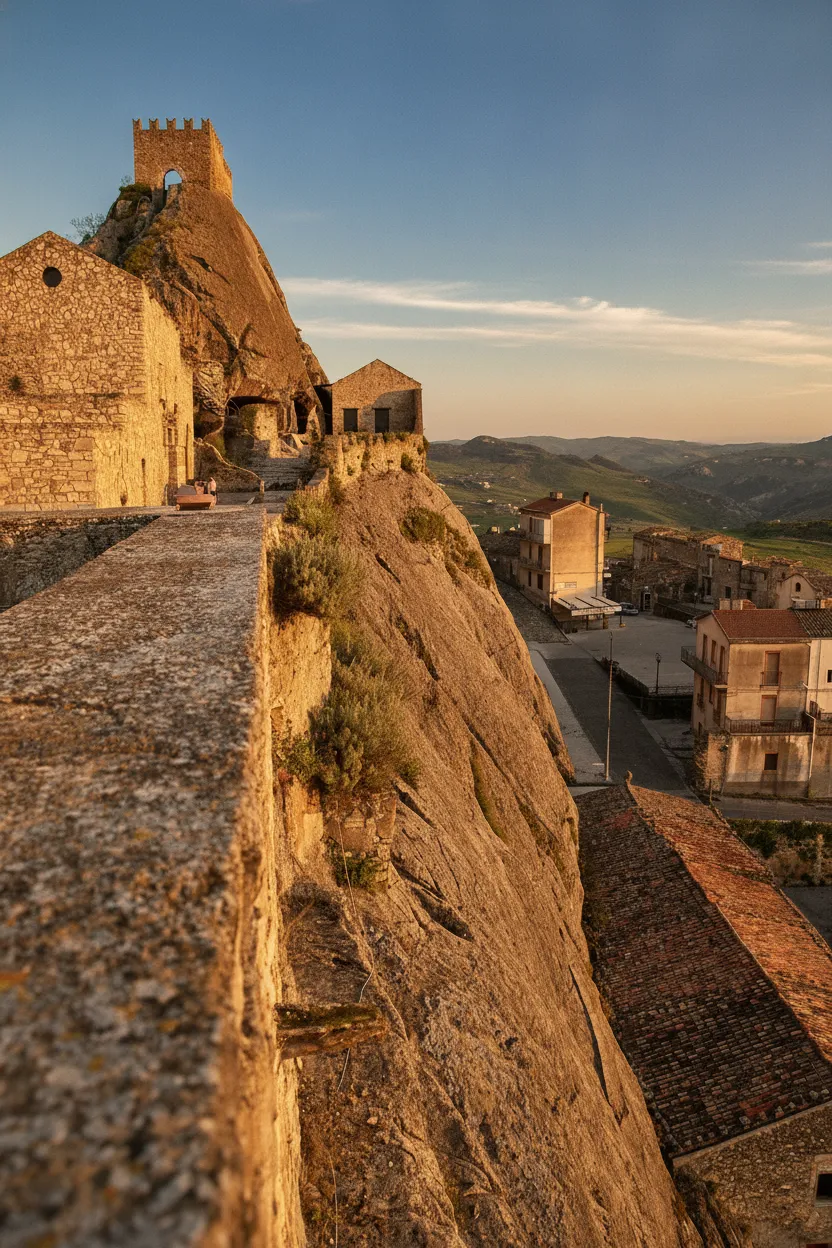 Charming narrow street in Sperlinga village with traditional Sicilian houses and rock formations in the background