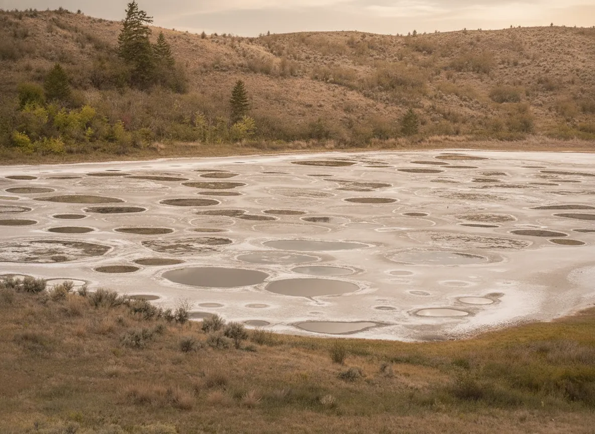 Distant view of Spotted Lake from the roadside, showing the mineral spots and surrounding arid landscape.