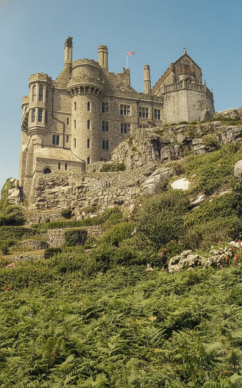 Entrance to the St Michael's Mount Quarry at low tide, revealing a large, dark opening in the rock face with the sea retreating.